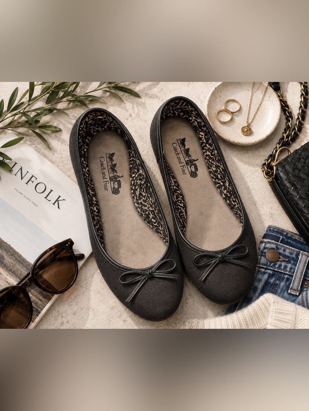 Coach and Four Black Charcoal Ballet Flats Bow 9.5